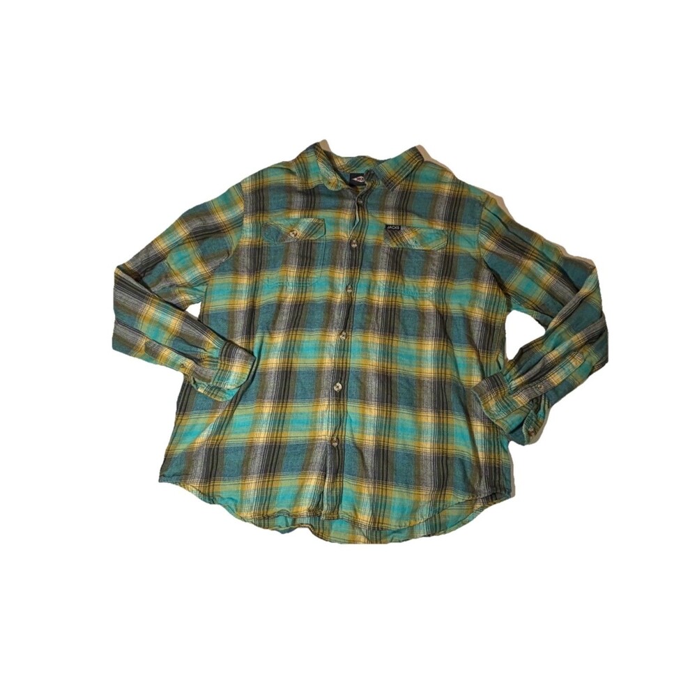 Jacks Surfboards Men’s XL Plaid Flannel Shirt Blue Yellow Button Up Casual